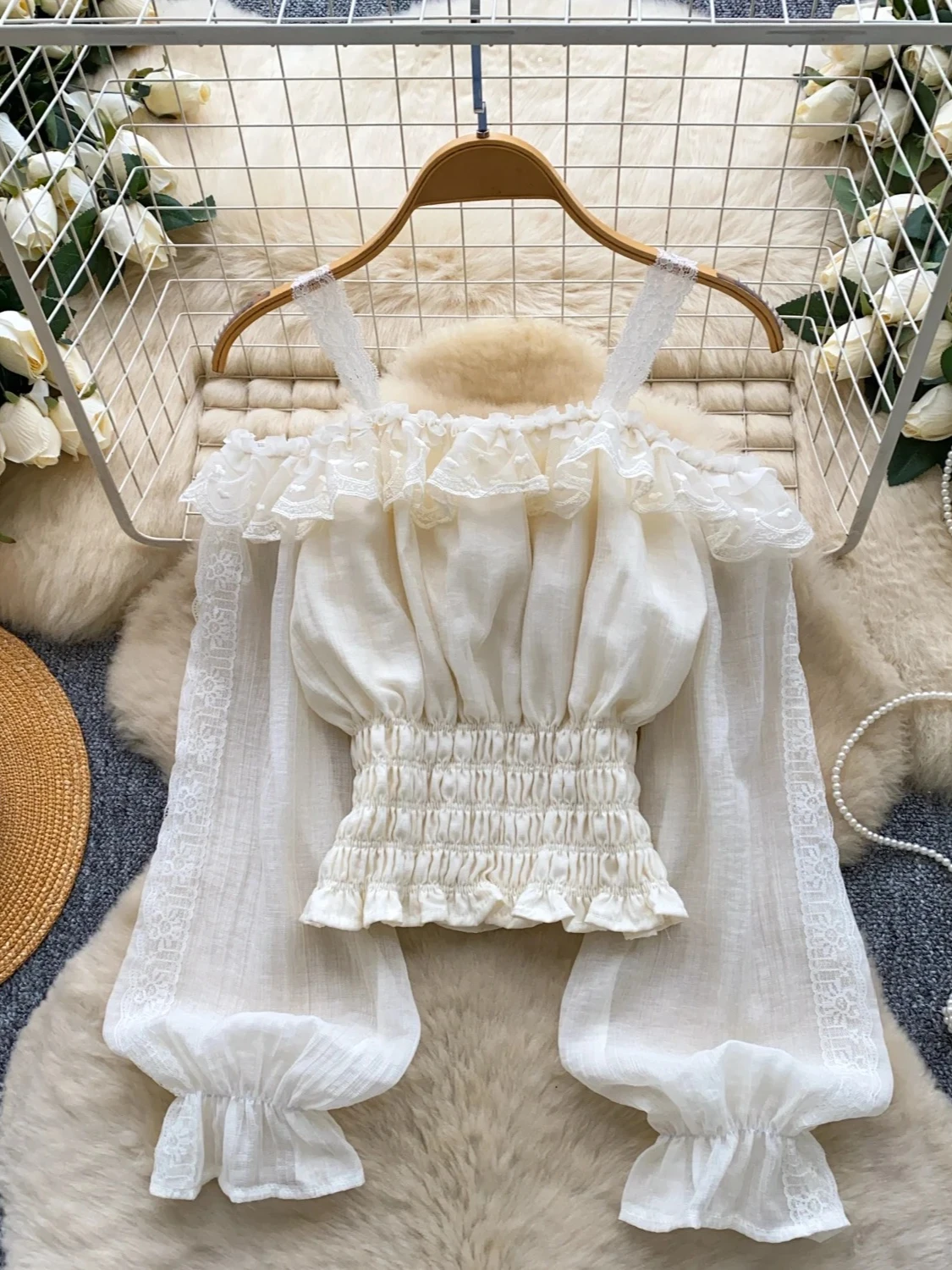 2026 New Autumn Women Sweet Slash Neck Flare Sleeve Off Shoulder Strap Shirt Lace Lace Splicing Waist up Solid Shirt Tops