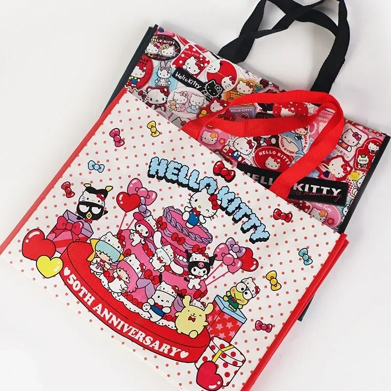 Anime Sanrios HelloKittys 50th Anniversary Cartoon Cute Hand Shopping Bag Kawaii Environmentally Friendly Plastic Woven Bag Gift