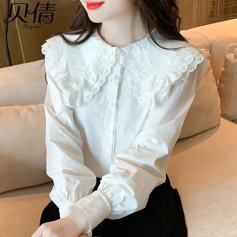 Doll collar lace shirt women\'s new design white shirt stylish small shirt French top