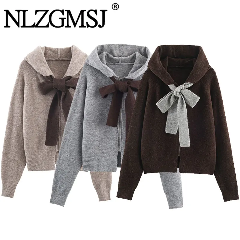 Nlzgmsj 2025, Herbst frauen Gestrickte Bogen Dekoration Lange Sleeve Zipper Mit Kapuze Jacken High Street Mäntel Dame Neue Outer