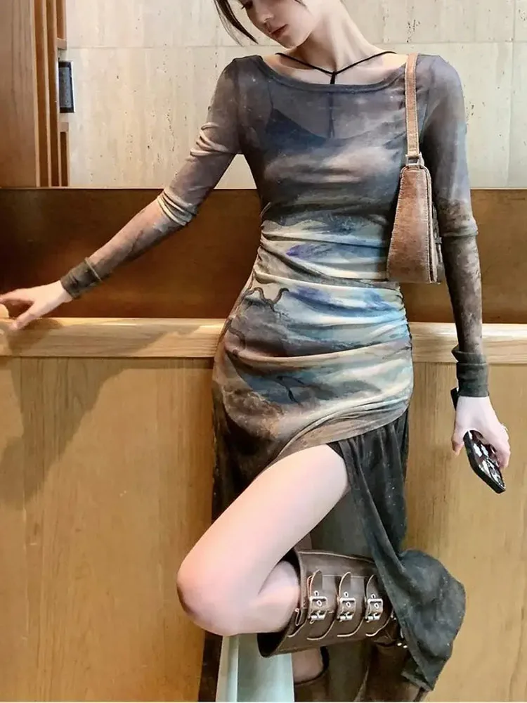 American Vintage Tie Dye Mesh Dress For Women Autumn Slim Waist Long Sleeve Vestidos+ Bottoming Strap Two Piece Sets