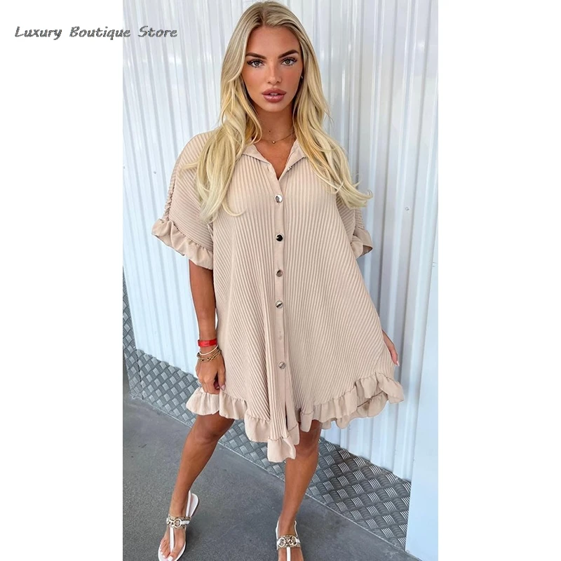 2024 New Ruffle A-line Casual Women Dress Short Sleeve Single Breasted Fashion Elegant Loose Pleat Short Summer Dress For Lady