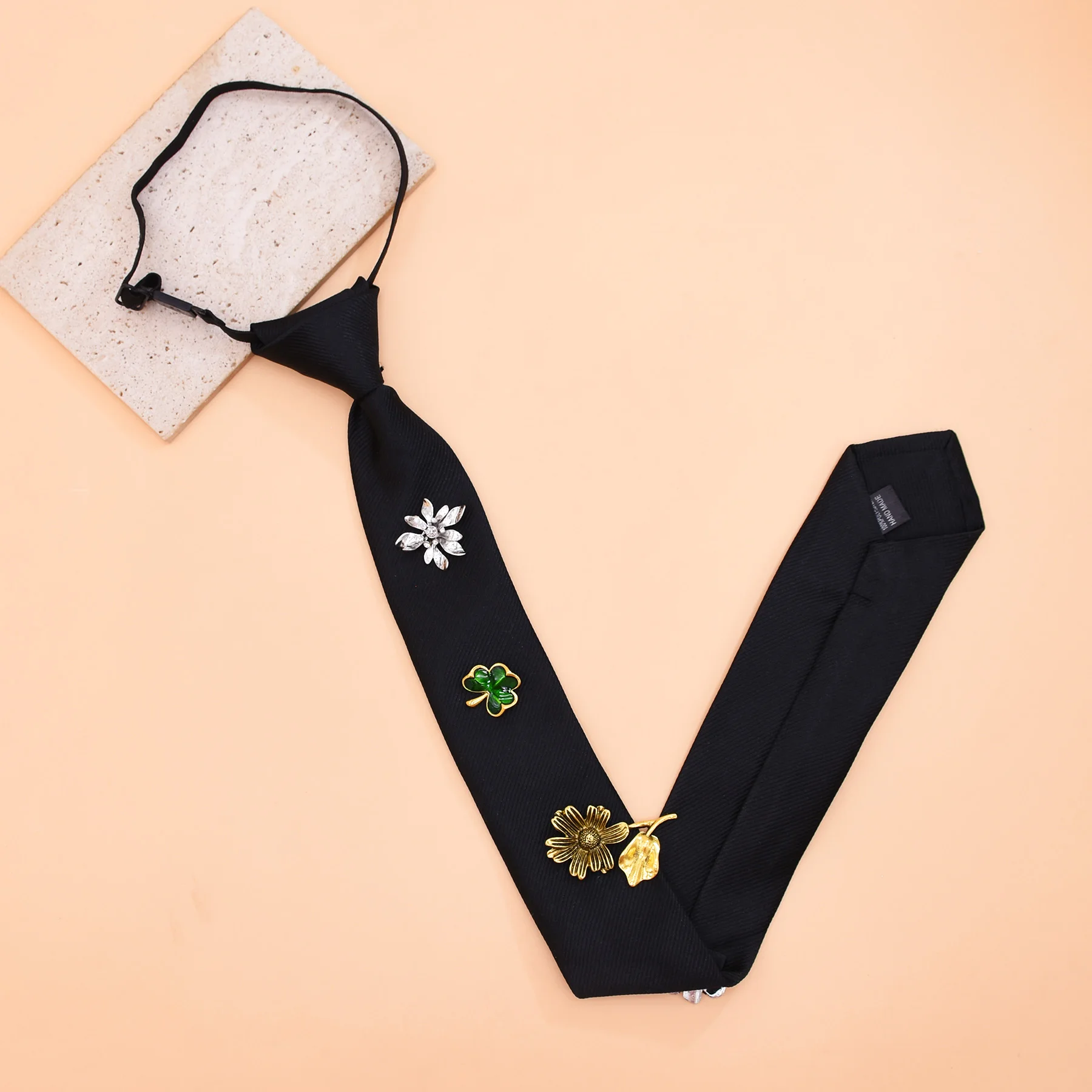 Elegant Black Fabric Necktie with Alloy Flower Embellished For Women Classical No Tie Knot Design Tie Jewelry Accessory Gift