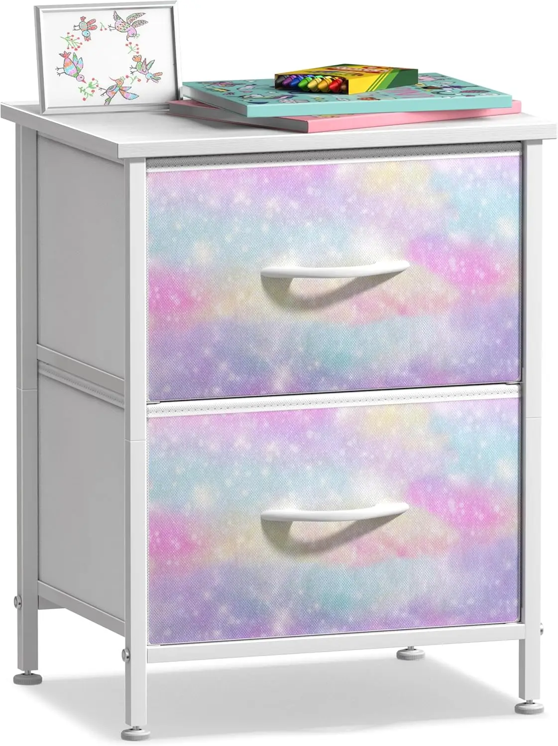 Nightstand with 2 Drawers - Kids Bedside Furniture End Table Night Stand - Steel Frame, Wood Top & Easy Pull Fabric Bins