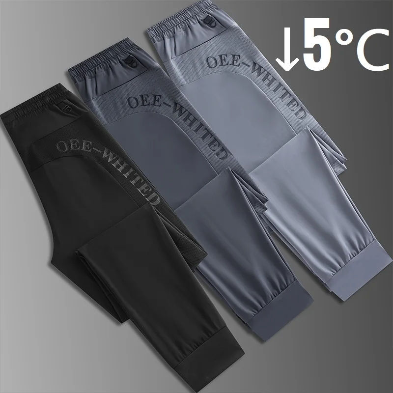 

2023 Men's Sweatpants Ice Silk Summer Stretch Jogger Pants Black Grey Straight Cool Sports Training Trousers Large Size Big Plus