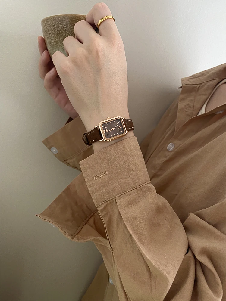 Small Waterproof Rectangle Women Watches Fashion Vintage Coffee Female Wristwatch Leather Strap Casual Quartz Ladies Clock