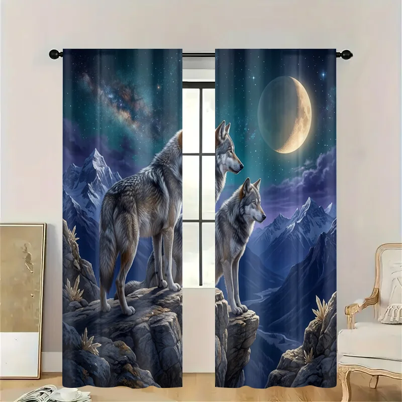 Majestic Wolf Family under Cosmic Galaxy Sky Curtain Window Drapes Decorative Night Moon Star View Panel for Living Room Bedroom