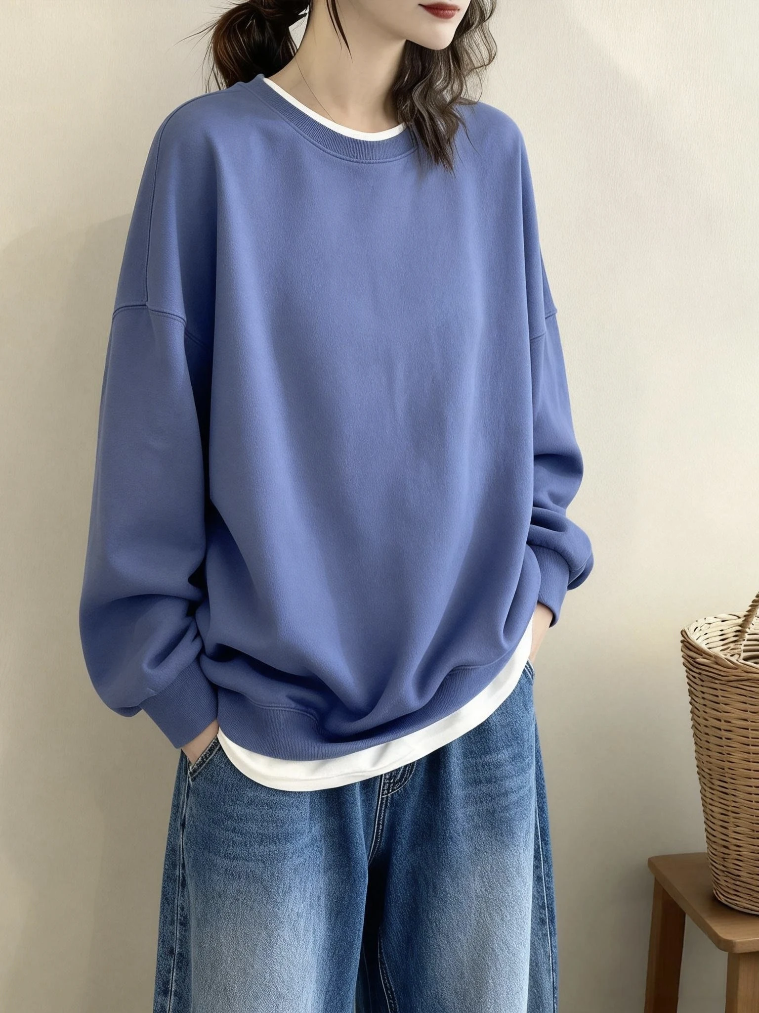 

Loose Long Sve round Ne Color Sweatirt Women's Faux Two-Piece T-irt Spring Autumn New Sle plus Size Korean V...