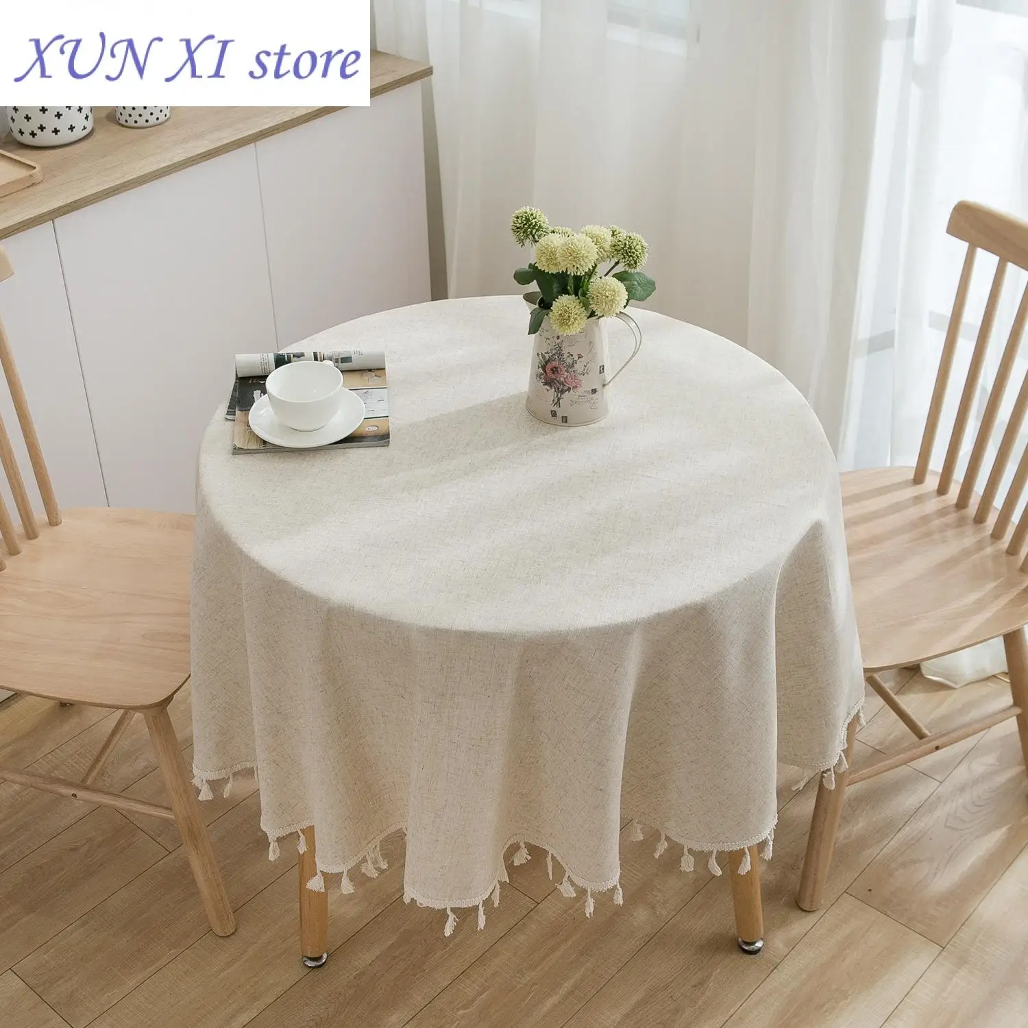 

New Round Table Household Circular Table Cover Linen Cotton Plain Tablecloth with Tassels Home Party Table Wedding Kitchen Decor