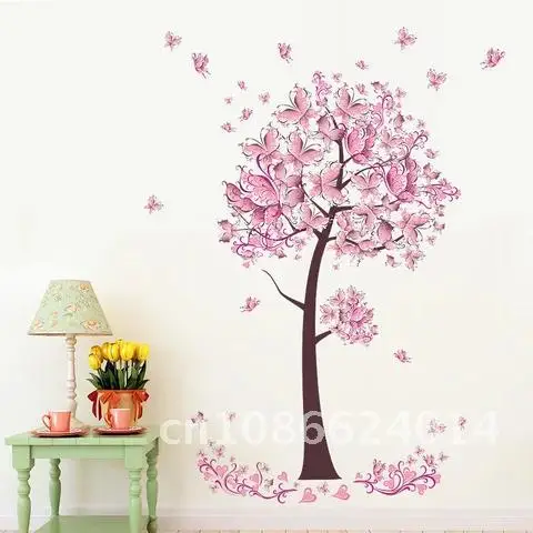 

Flower Tree Wall Stickers Decals Pink Butterfly Girls Women Vinyl Wallpaper Home Living Room Bedroom Decor