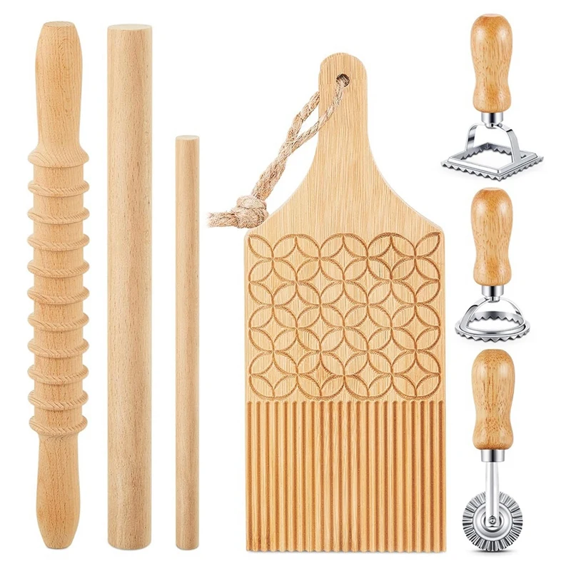 Hot SV-7-Piece Gnocchi Pasta Making Tools, Wooden Pasta Board With Ravioli Stamp And Rolling Pin Set, For Homemade Pasta