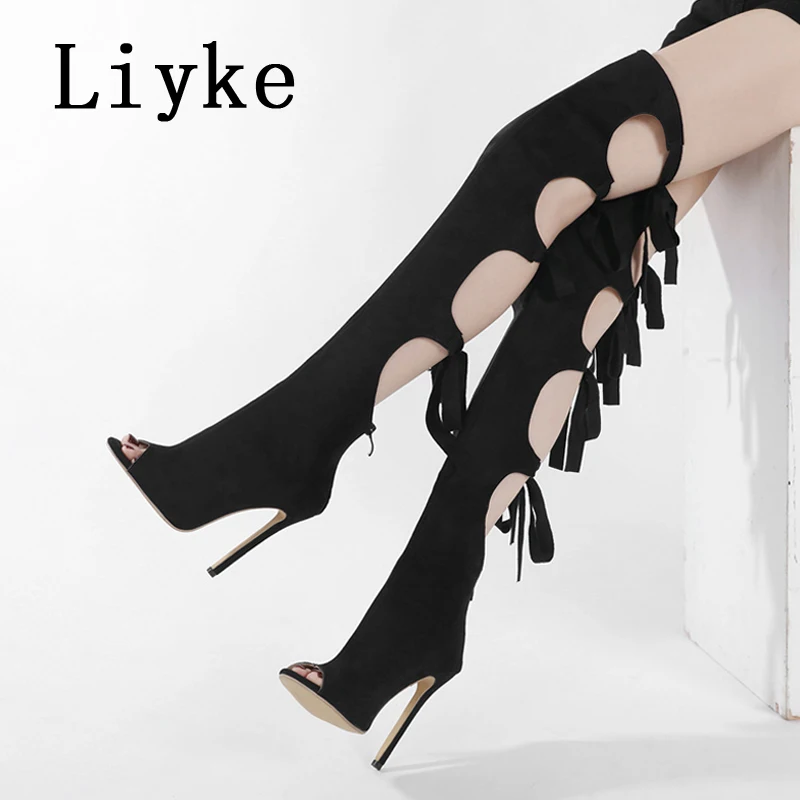 Liyke Sexy Hollow Out Thigh High Boots Sandal Women Party Stripper Heels Summer Fashion Lace Up Over The Knee Shoes Female Black