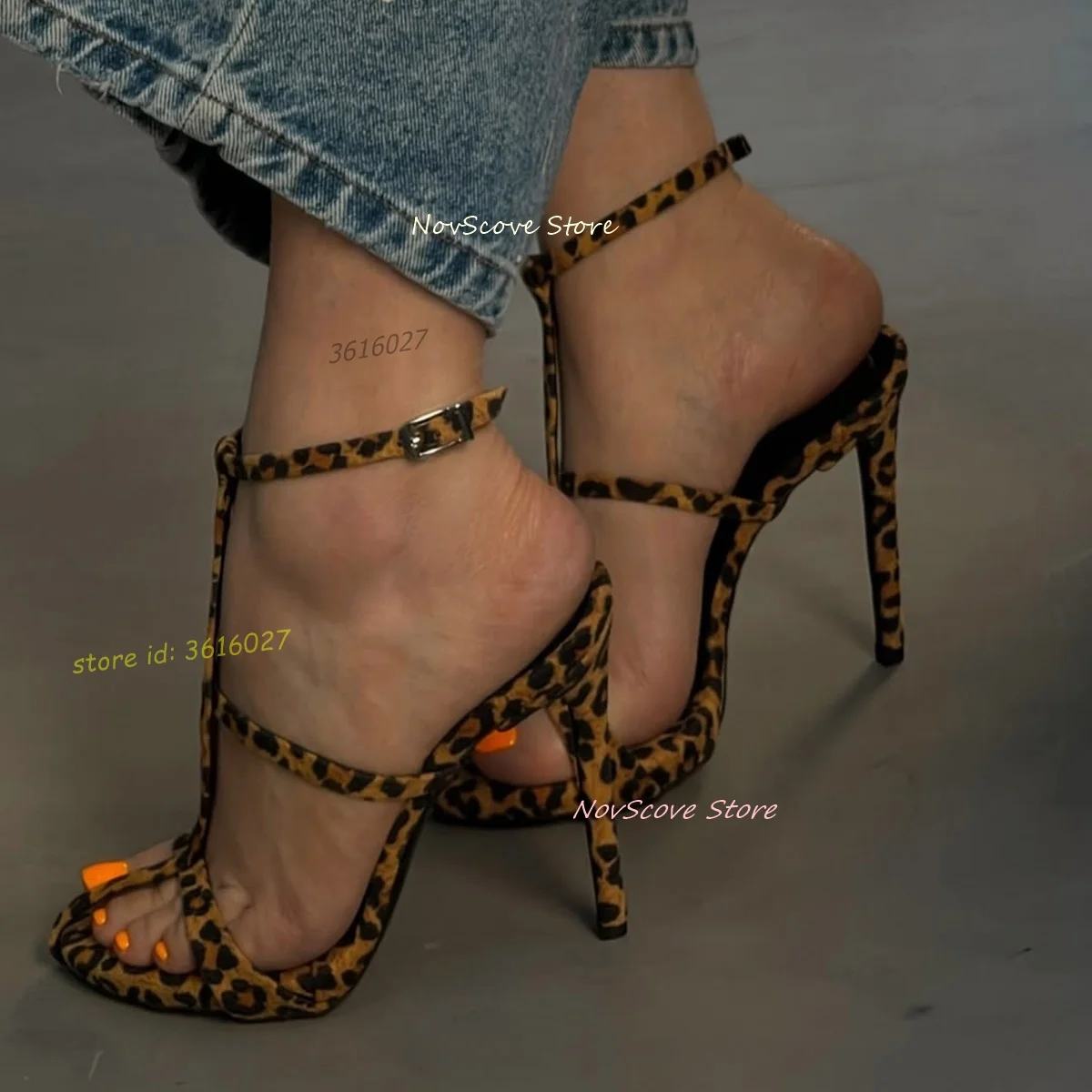 Open Toe Leopard Sandals T Straps Stiletto High Heels Shallow Pumps Ankle Buckle Summer Sexy Women Single Shoes Rubber Sole
