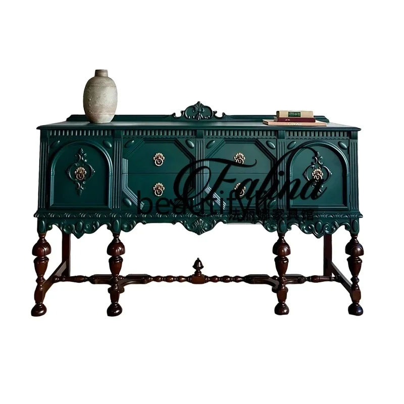 

French solid wood carving flower dining side cabinet European neoclassical luxury black living room retro door cabinet