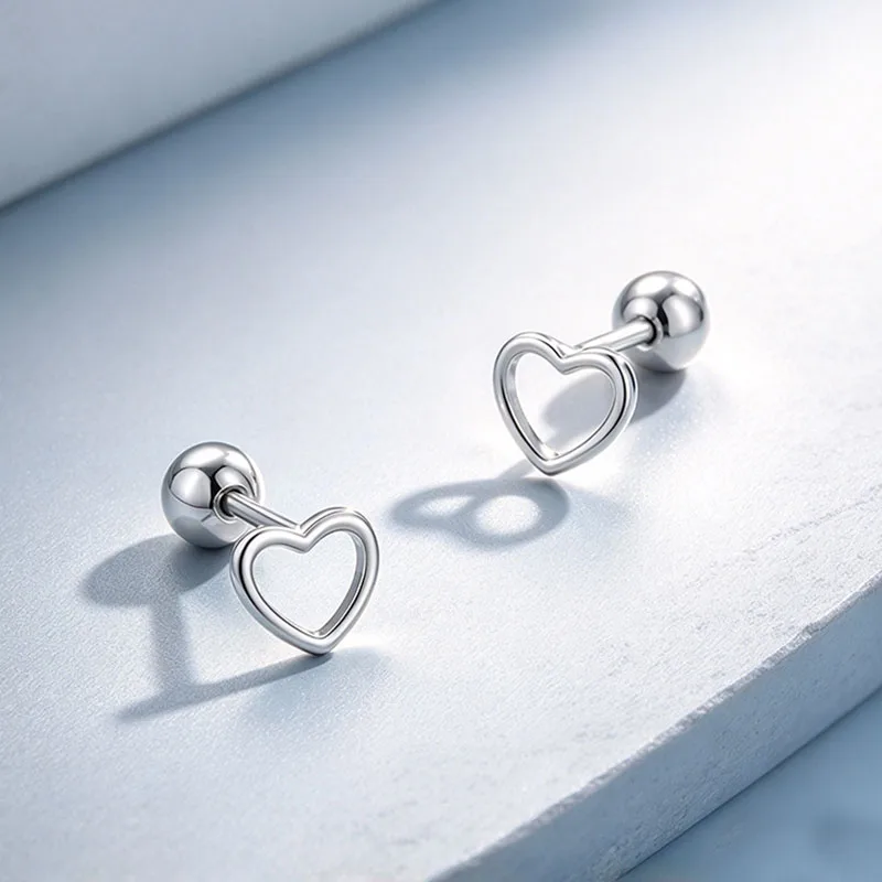 S925 Sterling Silver Hollow Heart Screw Back Stud Earrings Minimalist Open Heart Ear Bone Piercing Earrings for Jewelry Gift