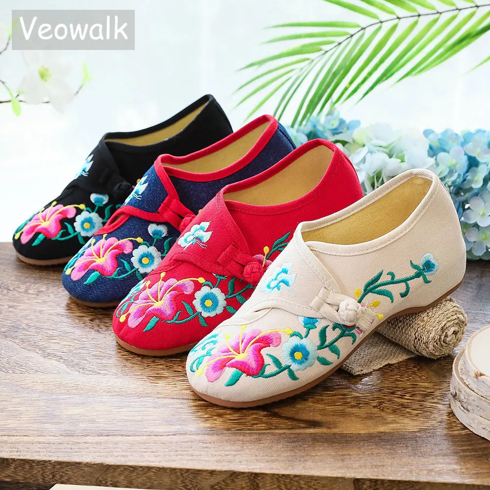 Veowalk Morning Glory Flower Embroidered Women\'s Canvas Ballet Flats Ladies Casual Comfort Denim Cotton Embroidery Shoes