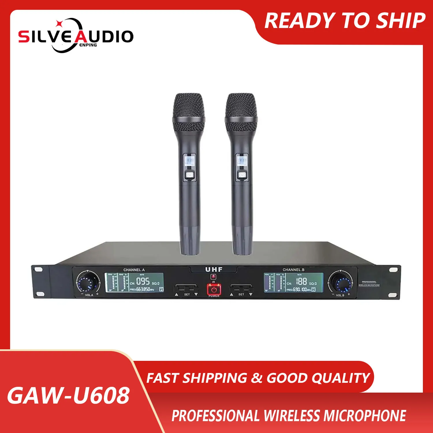 GAW-U608 Professional Wireless Mic Set One-button Frequency Conversion Wireless Microphone One-to-Two Suitable for Outdoor Stage