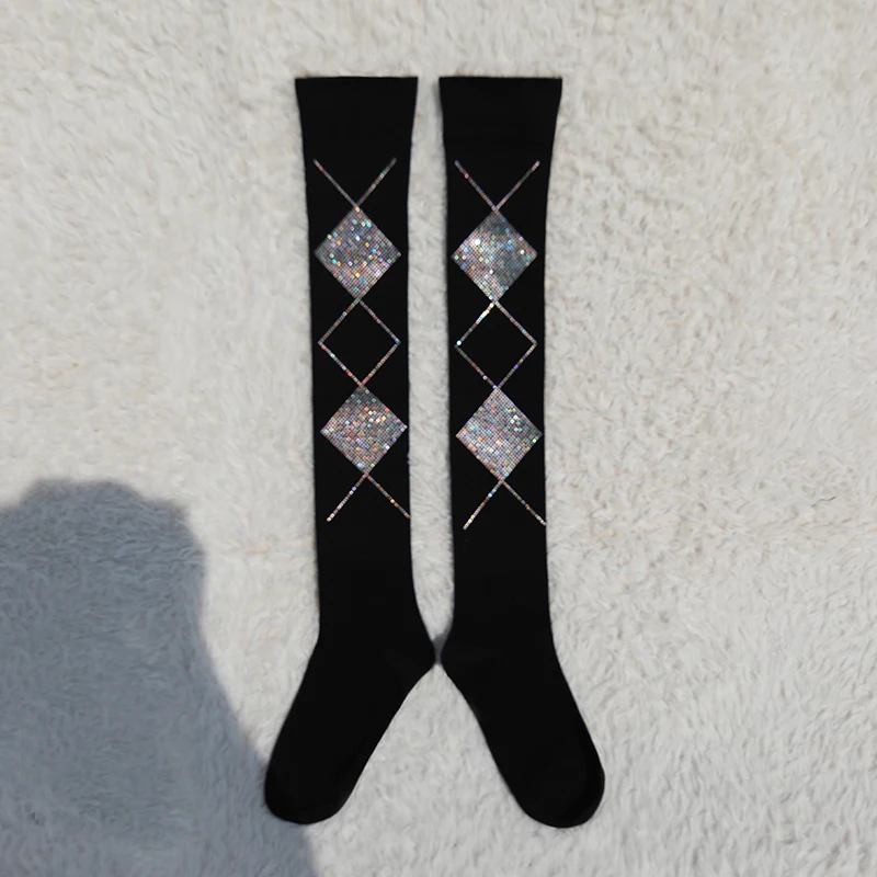 Female Stockings New Spring Autumn Over Knee Warmth Korea Cute Blingbling Colored Diamond High Tube Stocking Cotton JK Socks