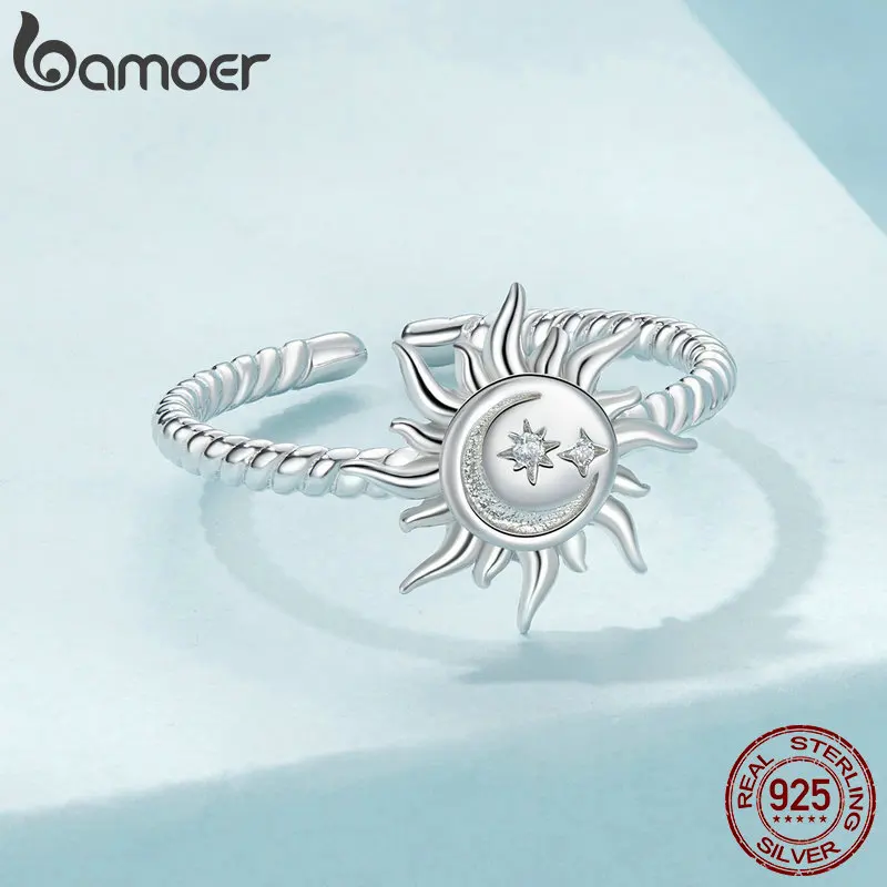 BAMOER 925 Sterling Silver Sun and Moon Open Ring Stars Adjustable Ring for Women Statement Ring Fine Jewelry Gift