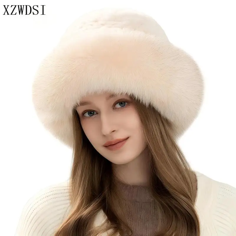 Winter Hot Sale Warm Women Knitted Real Natural Fox Fur Hat Bowler Solid Rex Rabbit Fur Caps Beanies Lady Real Fur Hat Skullies