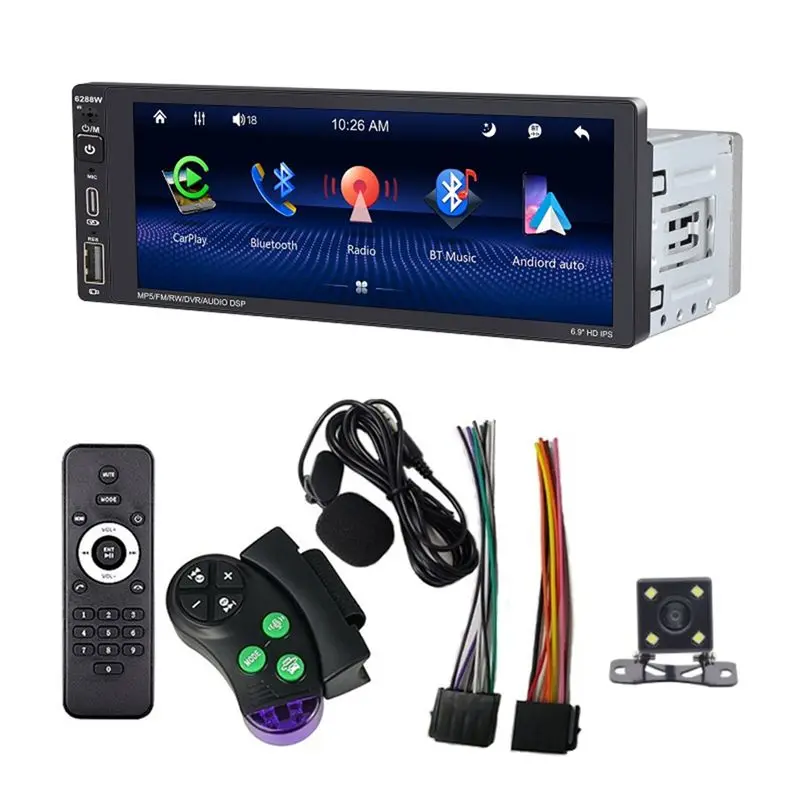 

6,9-дюймовая беспроводная автомагнитола Carplay с сенсорным экраном, Android Auto, Bluetooth, Mirror Link, FM, микрофоном, поддержкой SWC, прочная, однодиновая