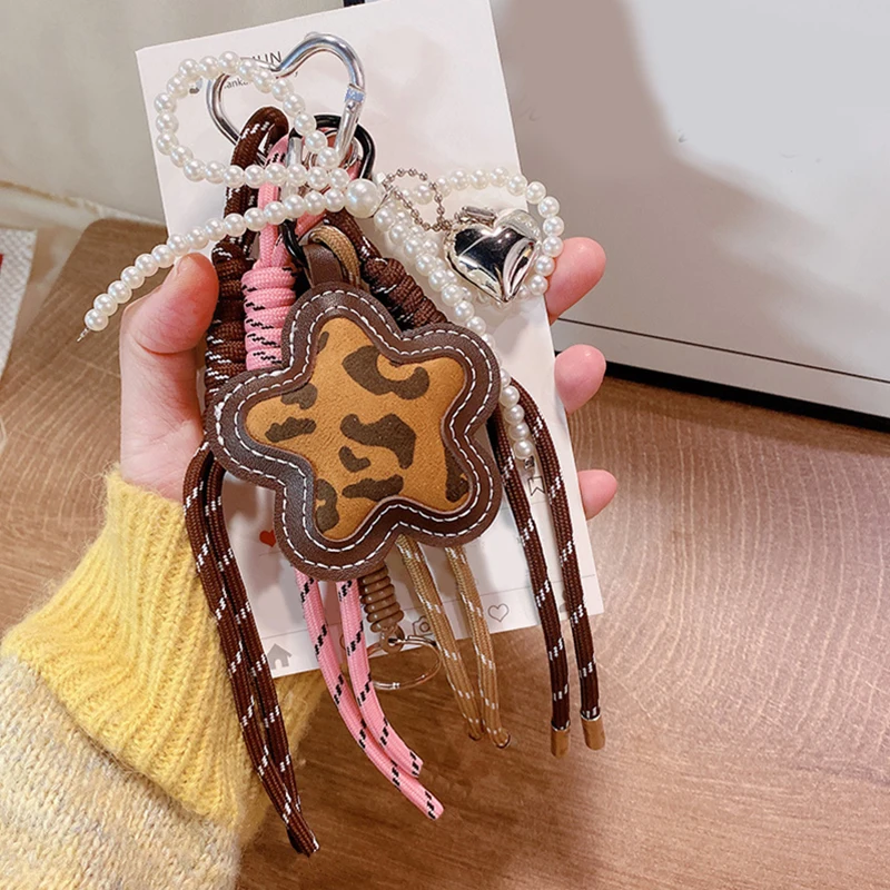 Braided Rope Keychain Leopard Print Flower Cream Bag Pendant Charm Fashion Bag Accessories for Handbag,Backpack Decors image 4