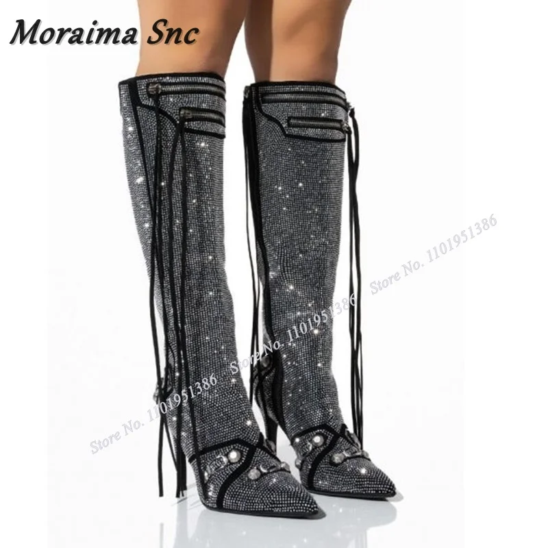 

Moraima Snc Fringe Decor Crystal Rivet Boots Zipper High Heels Shoes for Women Solid New Botas Fashion Runway Zapatillas Mujer