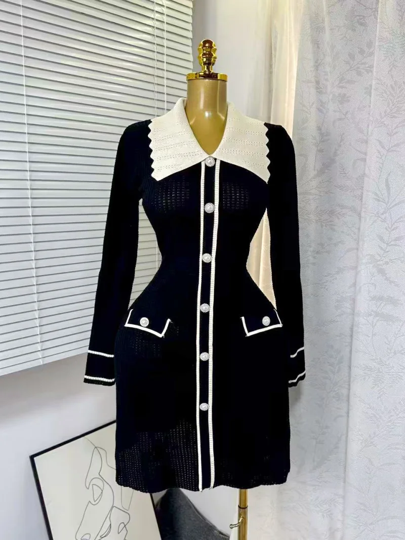 Elegant Knitted Slim Fit Dress Autumn Clothes Women Long Sleeve Turn Down Neck Bodycon Mini Dress OL Style Knit Dress Robe Femme