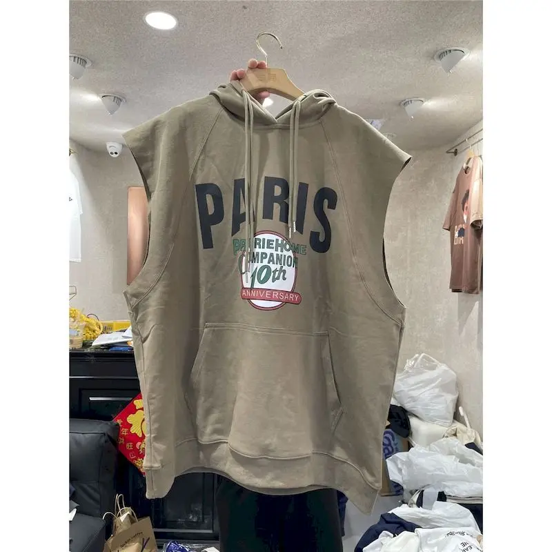 Oversized Hooded Waistcoat Women Korean Style Pocket Design Letter Print Vest Fashion Sleeveless Hoodie Summer Trend Loose Vests