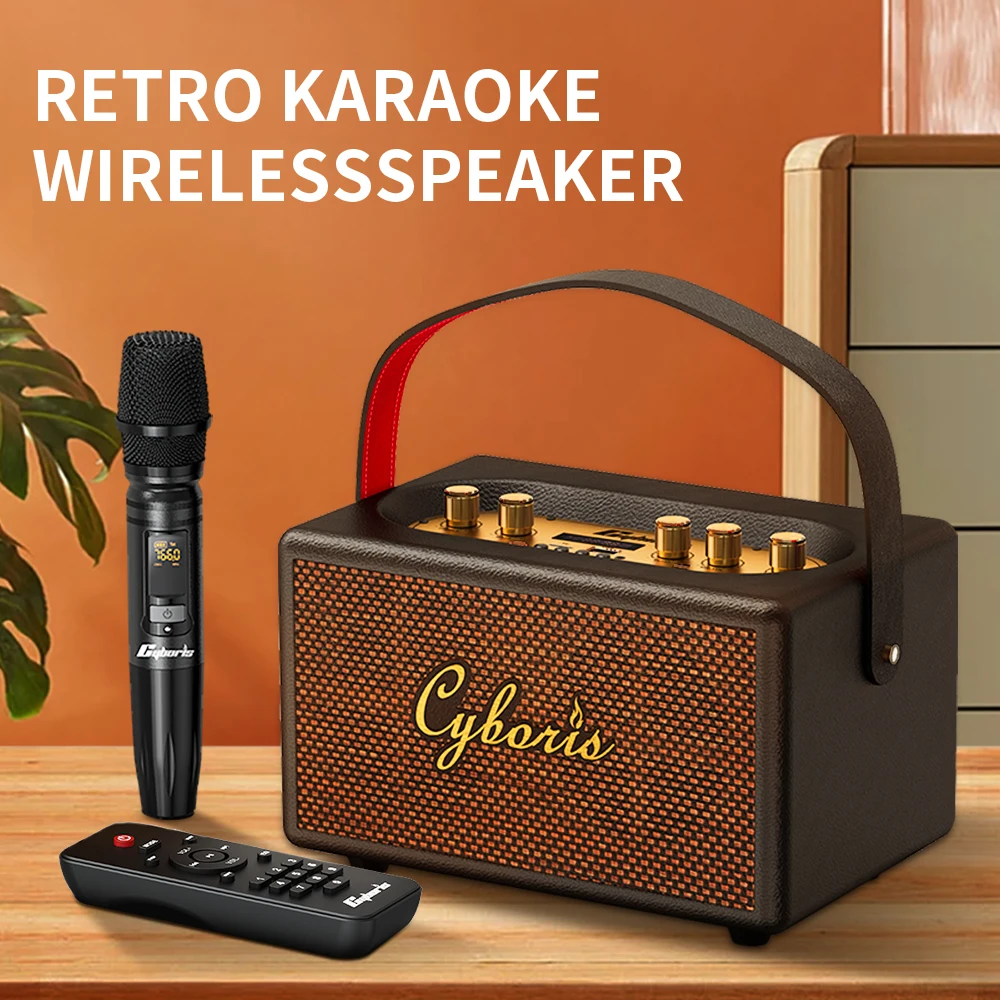 Cyboris80W karaoke Retro Speaker Wireless Portable BT5.0 speakers,3D Dual subwoofer,Support FM Radio/TWS/USB/AUX,6 sound effects