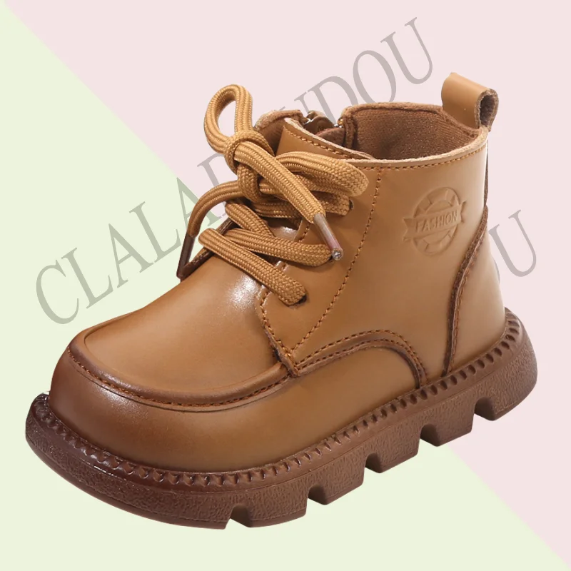 Claladoudou 12-19cm Kids Spring Boots Solid Wide Toe Ankle Boots For 0-6years Old Children Girls Boys Lace-up Fashion Shoes