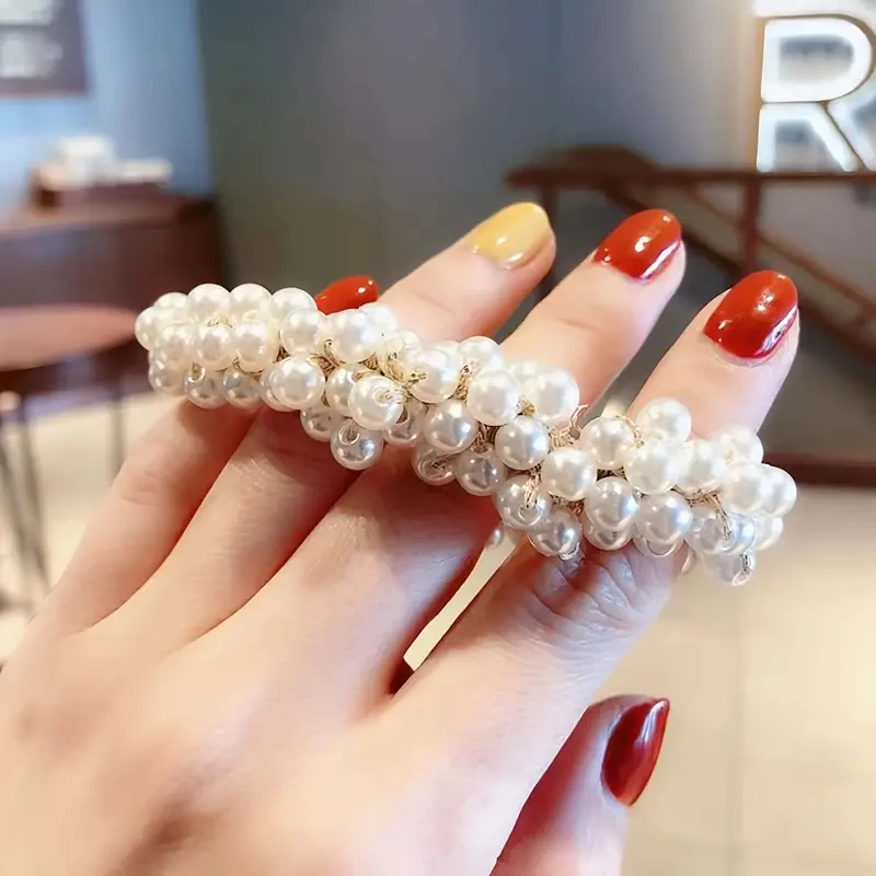 Faux Pearl Beaded Hair Tie Elegant Hair Rope Rhinestone Hair Ring Elastic Ponytail Holder Hair Accessories For Women