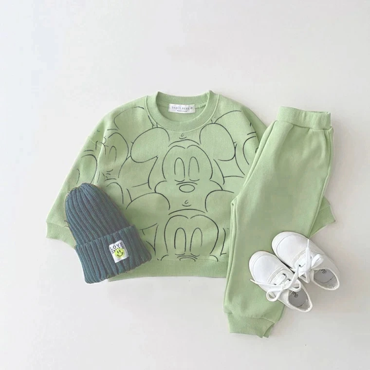 Mickey Mouse Print Tops Loose Trousers Infant Boys Spring New Style Cute Hoodies 2 Piece/set Baby Unisex Costume Green Tracksuit