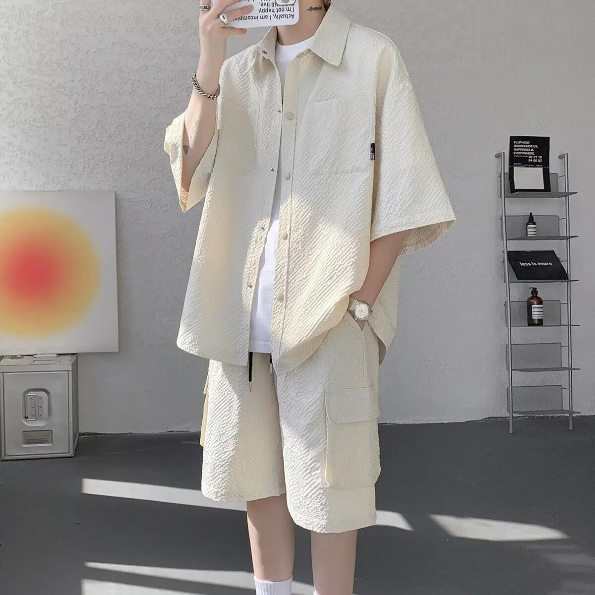 

Summer 2025 Ice Silk Leisure Set, Breathable, Fashionable, Thin, Loose, Workwear, Short sleeved Shirt, Shorts for Men, 2pcs