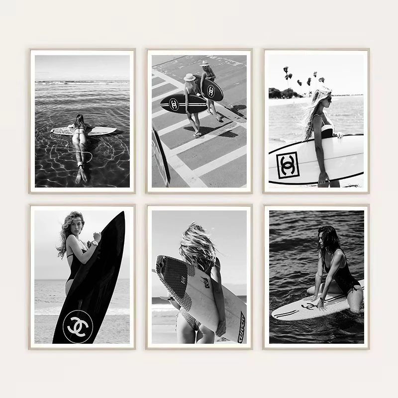 Fashion Black and White Girl Surfing Beach Surfboard Seascape Poster Canvas Painting Wall Art Pictures Home Room Decor