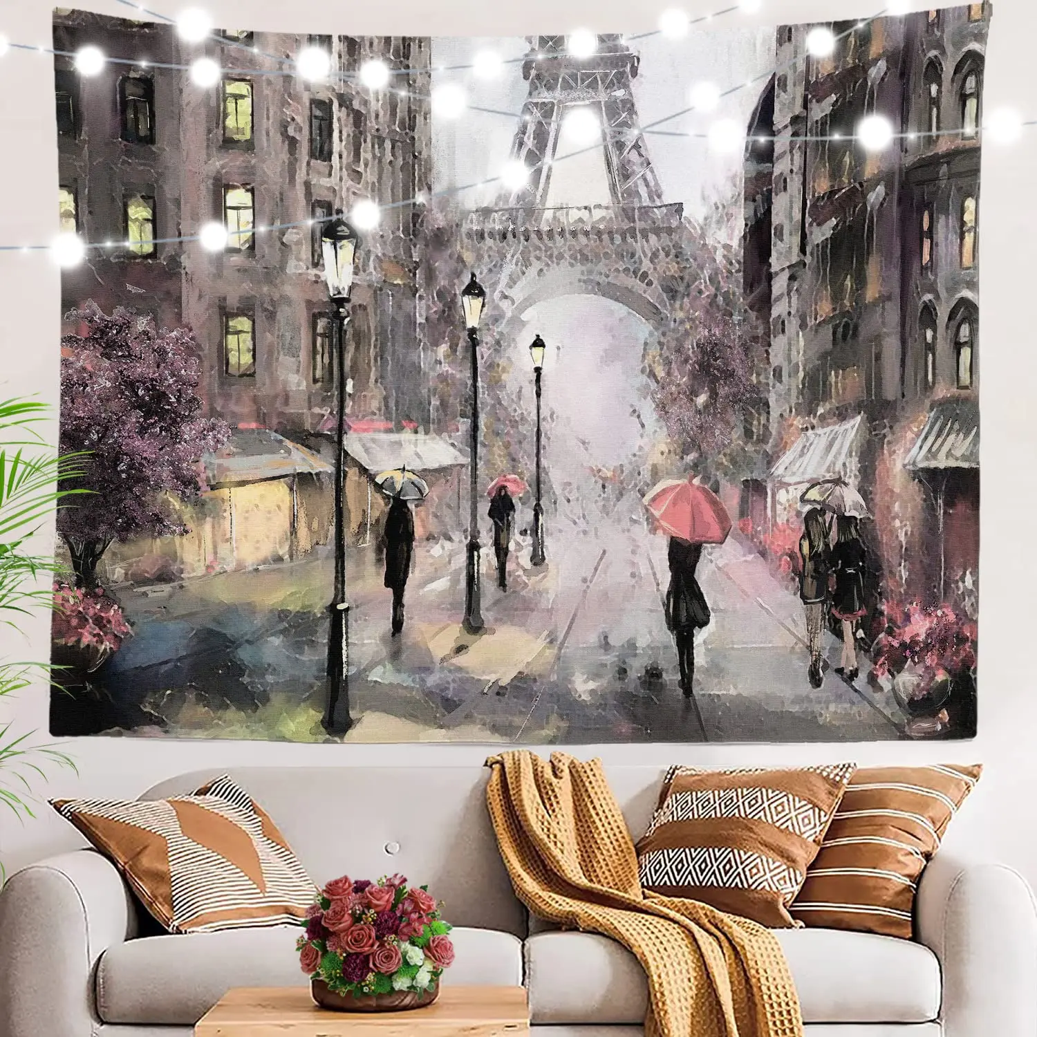 Oil Painting Paris Eiffel Tower Tapestry European City Landscape Wall Hanging Pink Tapestries Living Room Home Wall Decor Cloth