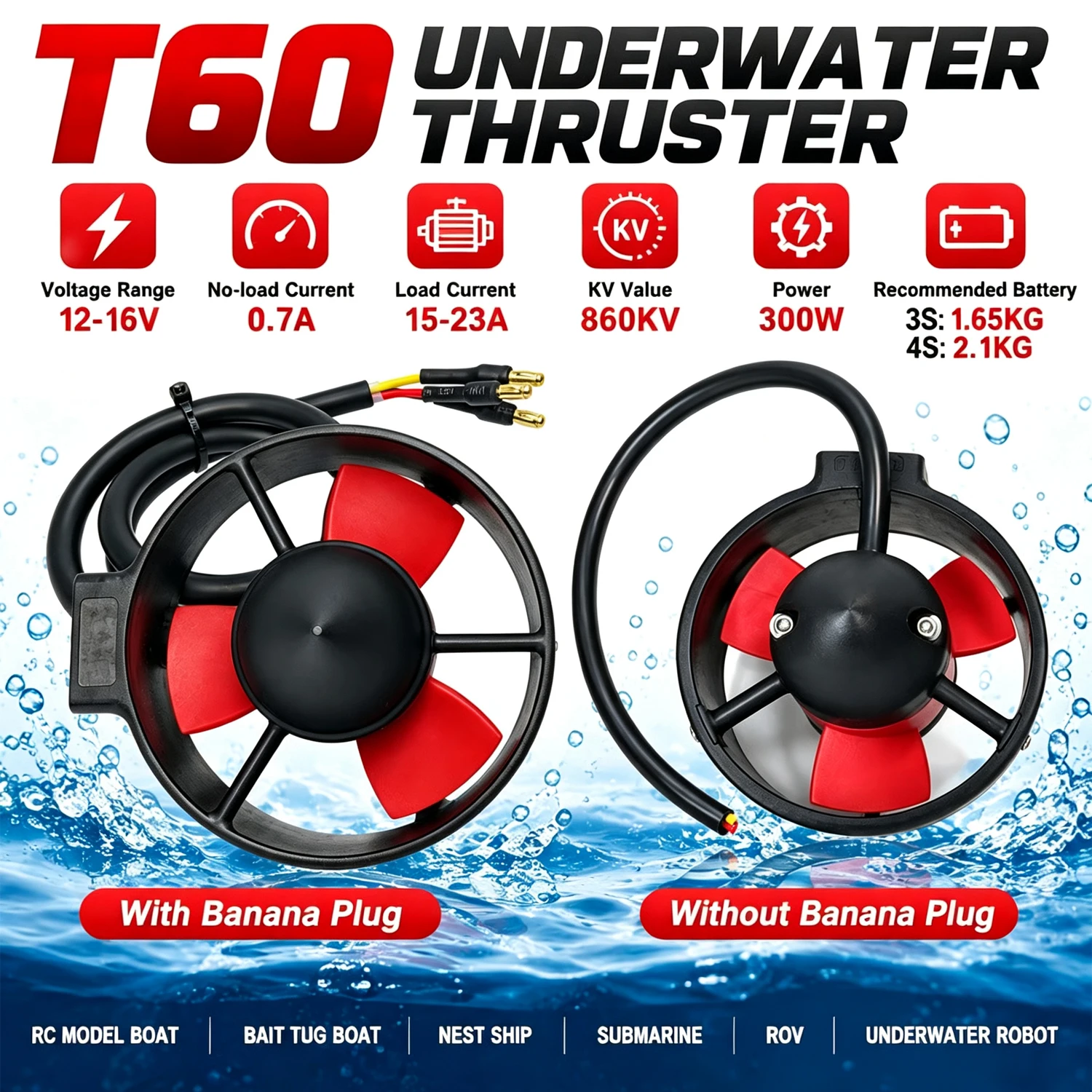 Waterproo T60 Underwater Thruster 860KV Brushless Motor 300W for RC Model Bait Tug Boat Nest Ship Submarin ROV Underwater Robot