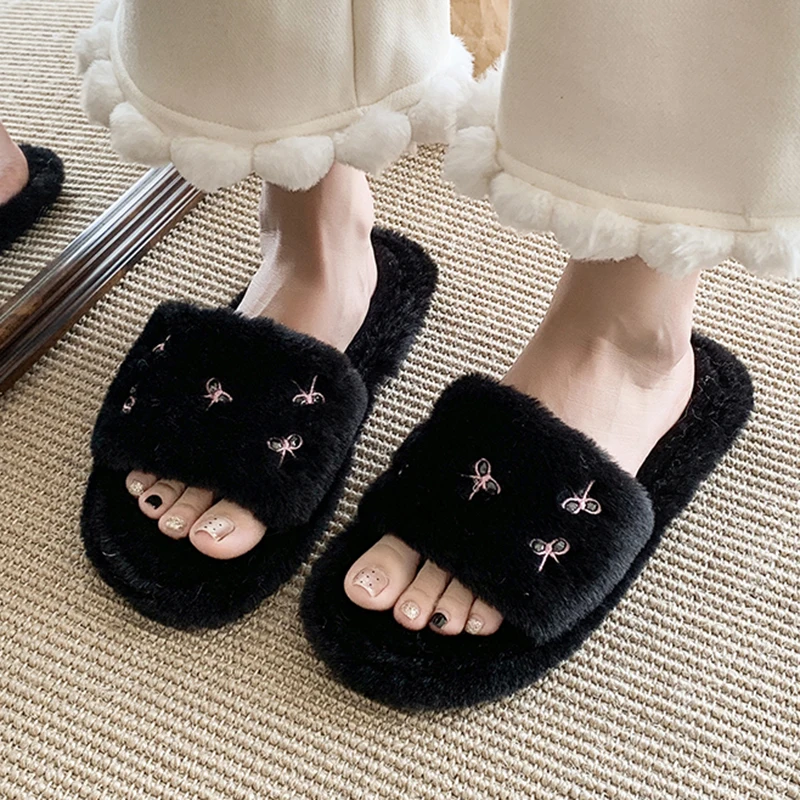 شيك القوس التطريز المرأة رقيق النعال الخريف الشتاء المفتوحة تو المنزل نعال من القطن النساء لينة وحيد عدم الانزلاق أحذية منزلية #1