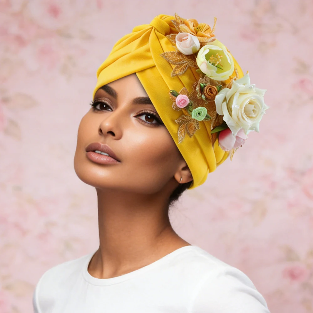 Luxury Flower Turban Cap Women Afrcian Geles Headtie Ready Nigeria Auto Gele Female Head Wraps Bonnet Turbante Hijab Muslim Hat
