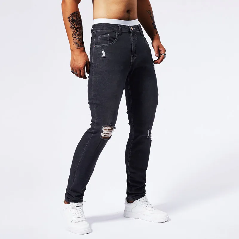 Slanke Gescheurde Stretch Jeans Heren Hiphop Gaten Mode Amerikaanse Biker Hoge Elasticiteit Skinny Casual Denim Broek Man