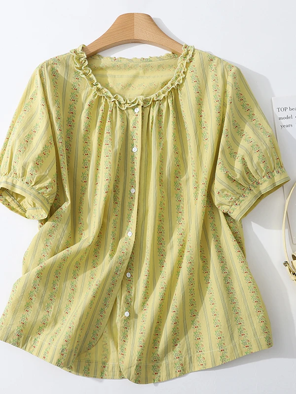 

Floral Print Short Sleeve round Neck Shirt Women's Summer Thin Style Versatile Casual French Style Loose Fit Daily Wear
