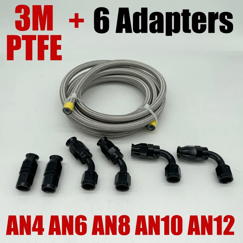 

3M 10FT AN4/6/8/10/12 PTFE Stainless Steel Braided Fuel Gas Oil Line Hose Assembly 0+45+90 Degree + 6pcs End Fitting Adapters