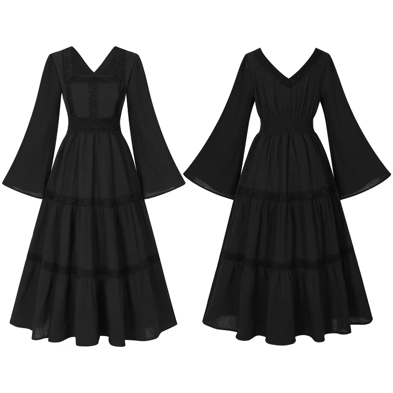 2025 New Beige Halloween/Christmas Square Neck Lace Trim Bell Sleeve Dress for Women, Halloween/Christmas COS Costumes Long Sirt - Image 4