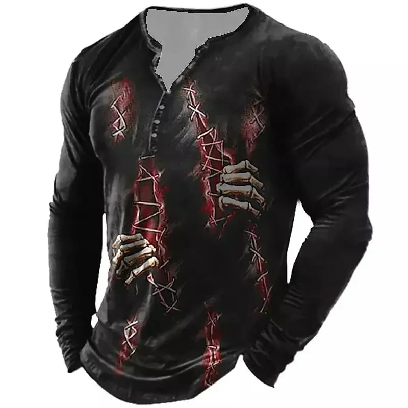 Retro Autumn Men\'s T-shirt Horror Skull Pattern Button T-shirt 3D Printing Long Sleeve V-neck T-shirt Oversized Men\'s Clothing