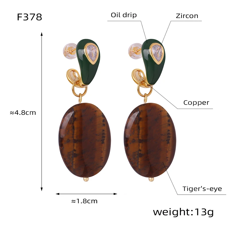 Multi Color Enamel Stainless Steel Dangle Earrings With Oval Natural Tiger Eye Stone Charm Stud Earring Ear Studs For Women