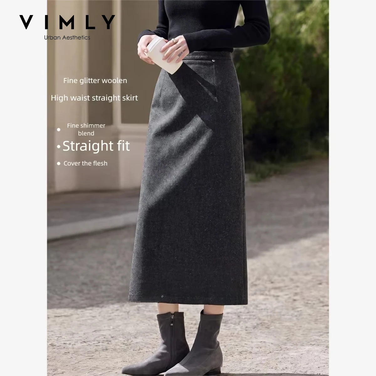 VIMLY VIMLY Grey Wool Blend Skirt for Women 2026 Autumn High Waist Shimmer Straight Back Slit Midi Skirt Elegant Female Clothing 31759 - Aliexpress Deal