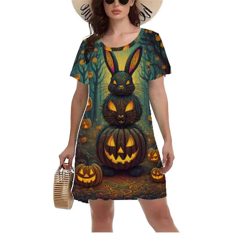 

Horror Halloween Style Printed Dress Summer Short Sleeve O-Neck Casual Loose A-Line Mini Dress Ladies' Halloween Party Dress