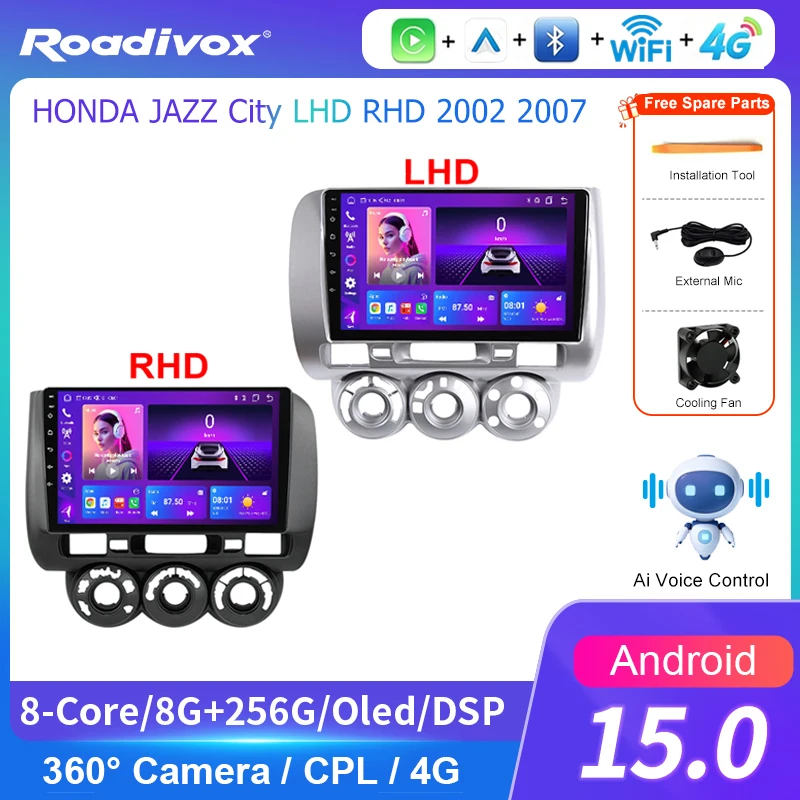 AI VOICE roadivox Android car radio for HONDA JAZZ City LHD RHD 2002 2007 stereo GPS Navigation video Multimedia Player tape