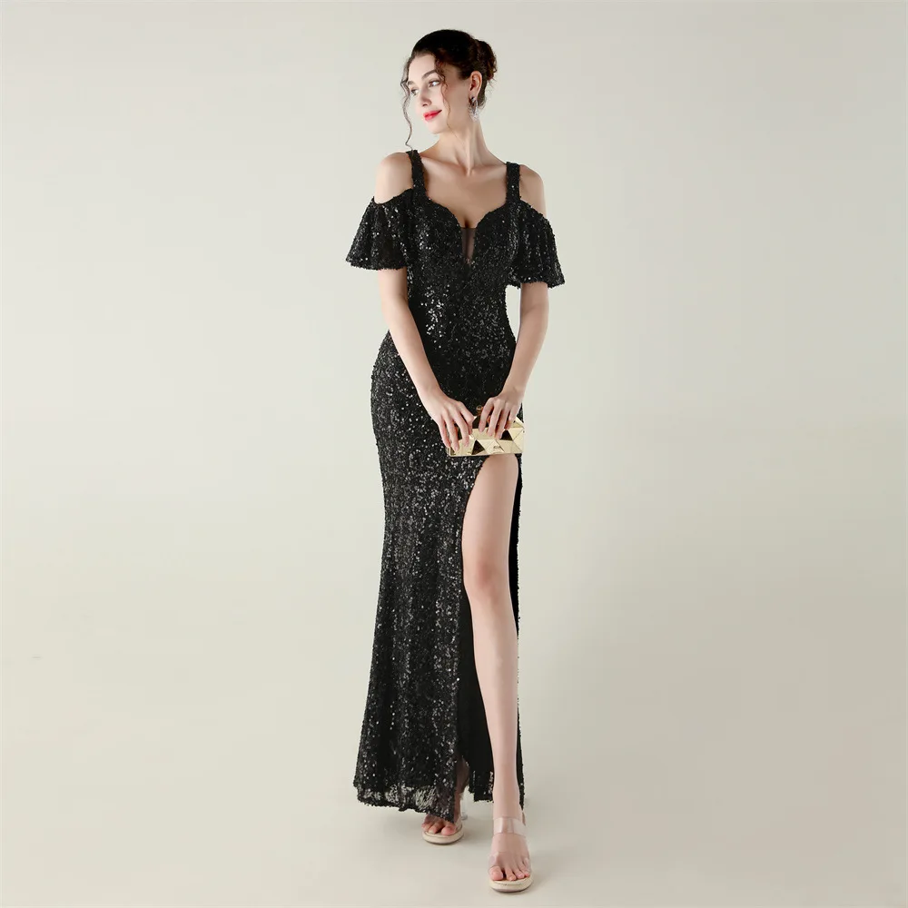 Sexy Elegant Blue Summer Women Sequin Cocktail Prom Evening Dresses Off Shoulder Maxi Bodycon High Slit Sexy Slit Fishtail Dress