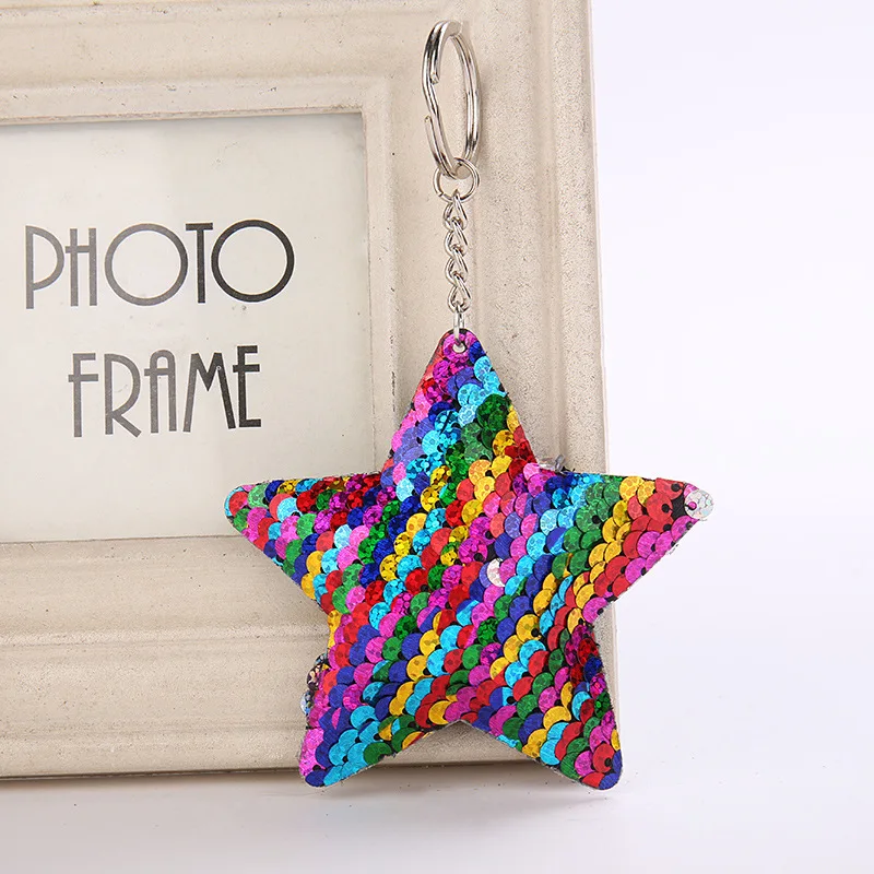 Cute Shiny Five Star Keychain Fashion Pompom Sequins Key Chain Keyrings for Women Car Bag Pendant Jewelry  Birthday Gift K2121